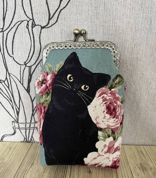 縦型がま口 / ポーチ / 小物入れ / タバコケース / ハンドメイド ☆ 黒猫&薔薇・スモークグリーン・40