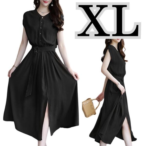 【新品】フレンチ袖ロングワンピースAラインVネックスリット入りレディース春夏秋ブラック黒XL2L膝下丈セットアップ夏服春服ノースリーブ
