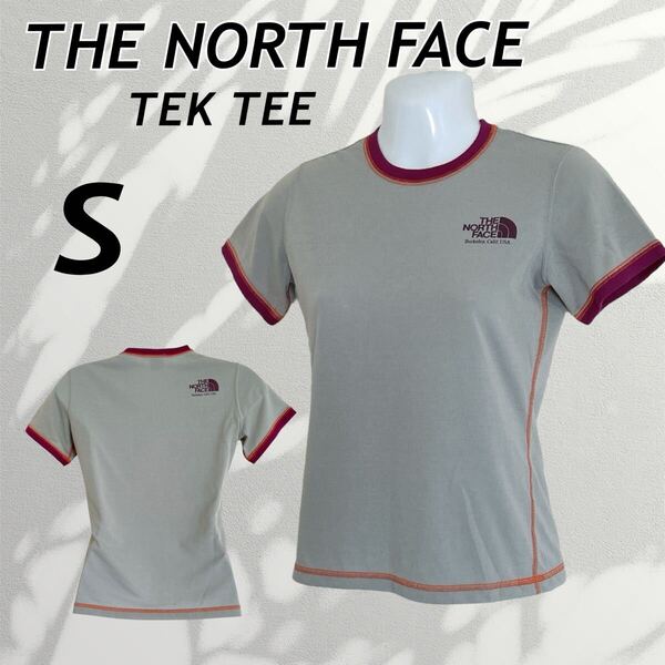 THE NORTH FACE ザノースフェイス TEK TEE レディース 半袖カットソー S Tシャツ ロゴ NTW32915 アウトドア グレー×パープル系 (G05)★