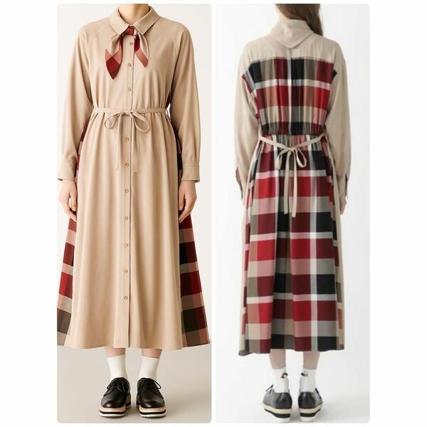 美品・人気 ブルーレーベルクレストブリッジ ドレープツイルワンピース リボン BLUE LABEL CRESTBRIDGE とろみワンピース