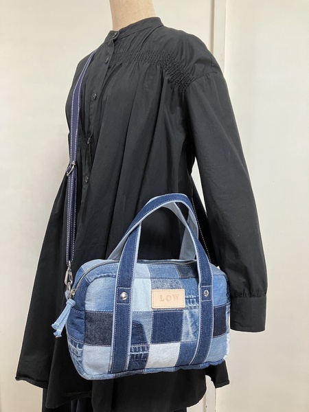 デニムリメイクバッグ ハンドメイド LOW オリジナル ミニボストンバッグ ショルダー ブロックチェック 2way