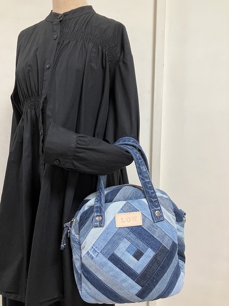 デニムリメイクバッグ ハンドメイド LOW オリジナル 2way ショルダーバッグ ボストン パッチワーク ログキャビン B