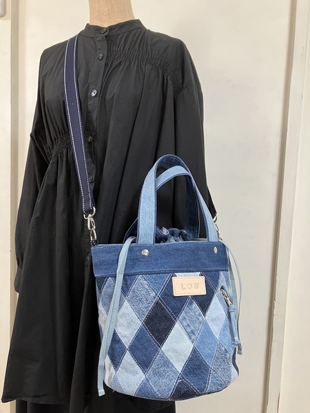 デニムリメイクバッグ ハンドメイド LOW オリジナル 丸底巾着仕様バッグ ダイヤ柄 パッチワーク バケツ型 2way