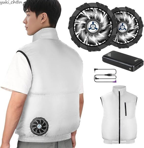 空調作業服 ベスト 30000mAh大容量バッテリー付属 超高出力 ファン付き作業服 ファンバッテリーセット ホワイト サイズ M 節電