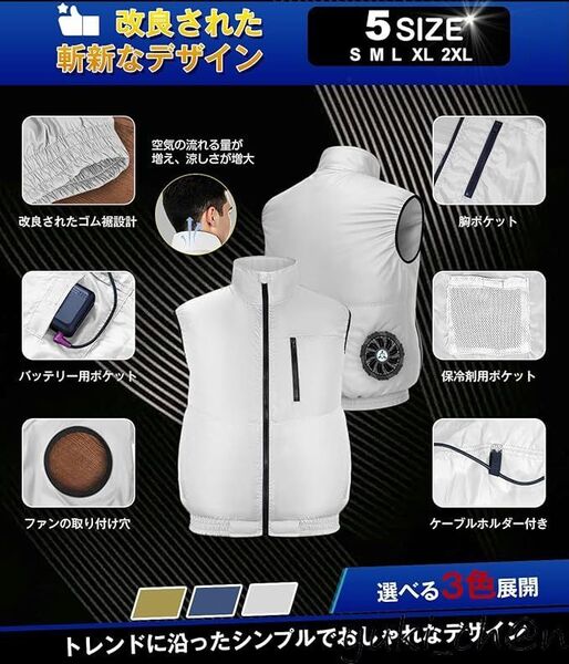 空調作業服 ベスト 30000mAh大容量バッテリー付属 超高出力 ファン付き作業服 ファンバッテリーセット ホワイト サイズ 2XL 節電