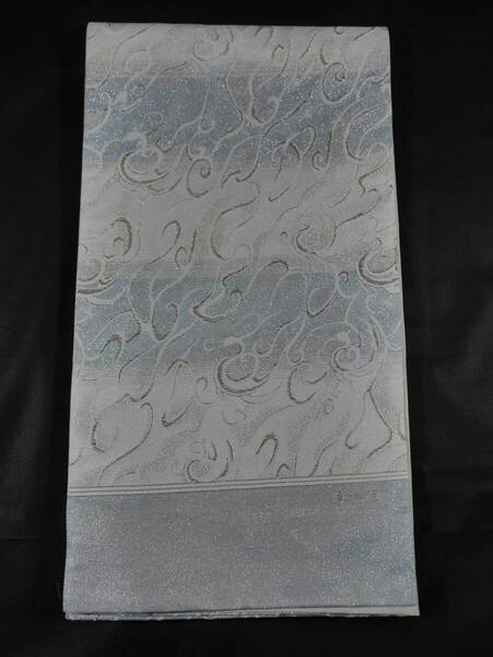 未仕立て新品 西陣織最高級袋帯 浅山織物 真珠箔 ローブデコルテ瑞鳥文 白地薄ブルー地段文 表地絹60% お仕立て代込み 送料無料