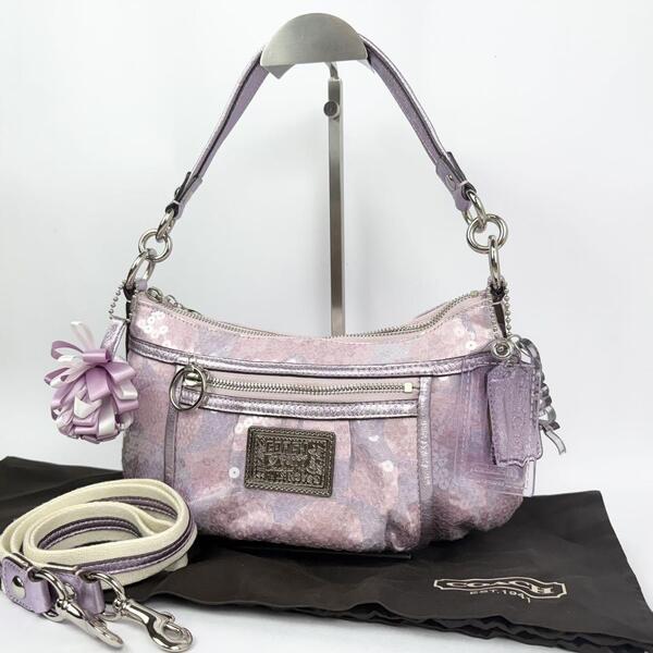 COACH コーチ POPPY ポピー 2way ショルダーバッグ トートバッグ ハンド 肩掛け 斜めがけ スパンコール チャーム リボン ピンク 保村袋付き
