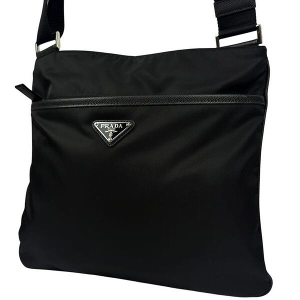 【現行・極美品】PRADA TES+SAF NERO 2VH053 プラダ サコッシュ ショルダーバッグ サフィアーノレザー ナイロン 三角ロゴ ブラック 黒