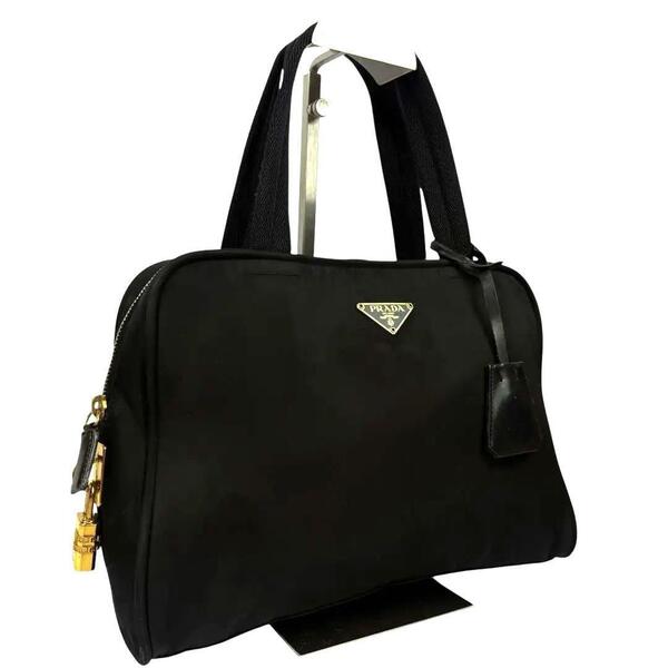 PRADA プラダ ゴールド三角ロゴ 金ロゴ金具 南京錠付き トートバッグ ハンドバッグ 肩掛け可能 ワンショルダー ナイロン ブラック 黒