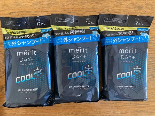 新品【花王★メリット DAY+ドライシャンプー シート 12枚入×3個】頭皮・髪の汗のニオイ・べたつきオフ!外シャンプー ふき取り用洗髪