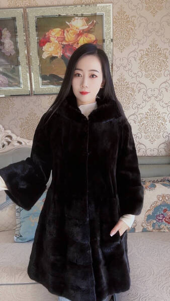 手触り気絶級!新品◆帽子付◆上質シェアードミンクコート黒ミンクファーコート毛皮
