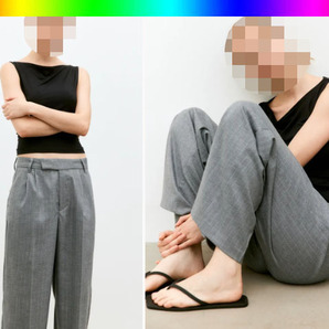 ★新品 紙タグ付き パンツ グレー ピンストライプ ストレート ポケット付 新入社員 新卒 オフィス 会社員 営業 スーツ