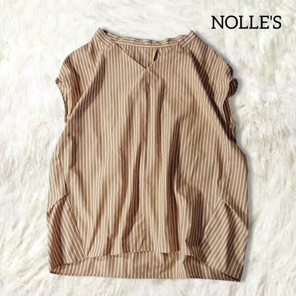 72 【NOLLE'S】 ノーリーズ ストライプ シャツ ブラウス トップス 38 M 総柄 ブラウン ホワイト 半袖 タック 綿 コットン 春夏 ゆったり