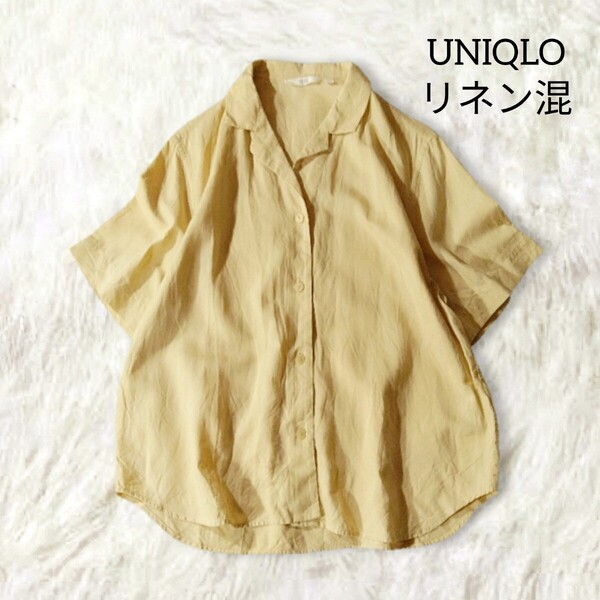 73 【UNIQLO】ユニクロ 麻混 リネン混 半袖 シャツ トップス M ベージュ 無地 シンプル 綿 コットン レーヨン シアー 透け感 夏 レディース