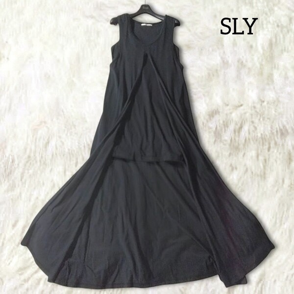 36 【SLY】 スライ 重ね着 レイヤード トップス チュニック ワンピース 黒 ブラック ノースリーブ ロング丈 無地 シンプル 春夏 レディース