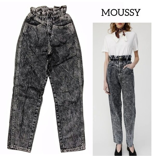 68 【MOUSSY】 マウジー ハイウエスト ケミカルウォッシュ デニム ジーンズ ジーパン ズボン ボトムス 0 ブラック レディース