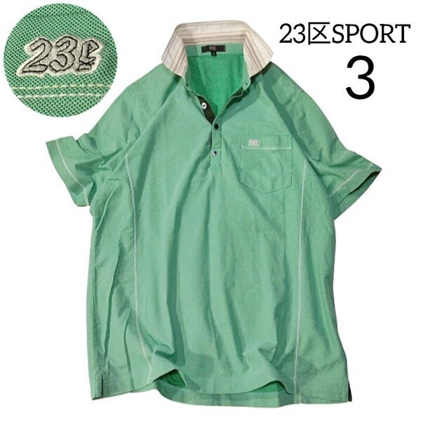 75 【23区 SPORT】 半袖 ポロシャツ トップス 3 L 緑 グリーン ボーダー襟 ロゴ ゴルフウェア スポーツウェア 春夏 メンズ