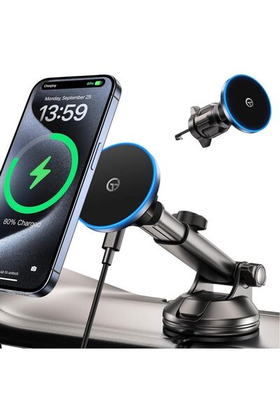 GuMosh magsafe充電器 車載 スマホホルダー 車 ワイヤレス充電 マグネット 15W 【真空吸盤+超磁力+12~17cm伸縮アーム】 充電急速