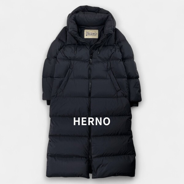 HERNO 21AW フーデット ジップアップ ロング ダウンコート 46 黒 / ヘルノ PI1370D ブラック レディース アウター 大きいサイズ