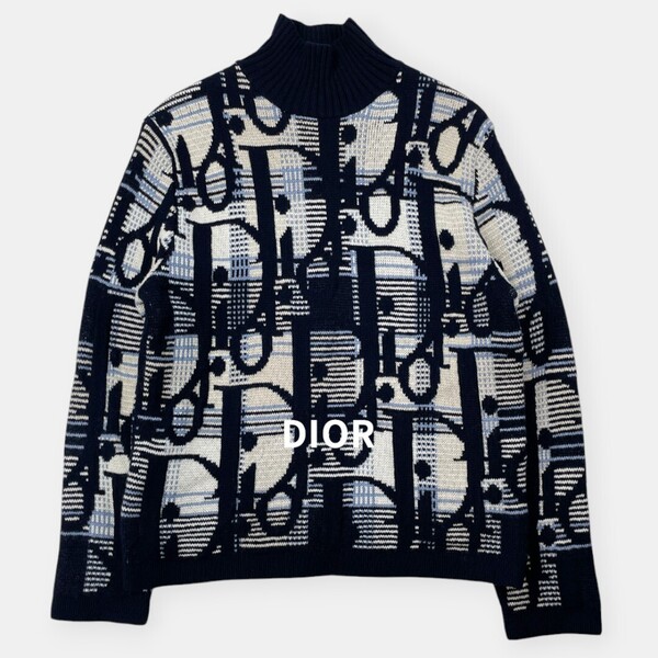 美品 DIOR HOMME 21AW オブリーク ハイネック ウール ニット S / ディオール オム 213M633AT377 紺 ネイビー 総柄 メンズ トップス