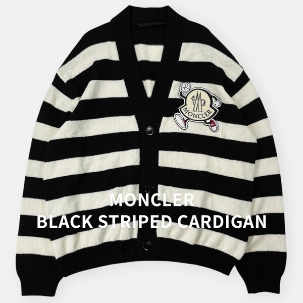 美品 MONCLER 22AW ビッグロゴ ボーダー ウール カーディガン XL / モンクレール I10919B00010 M2672 白黒 ボーダー メンズ トップス