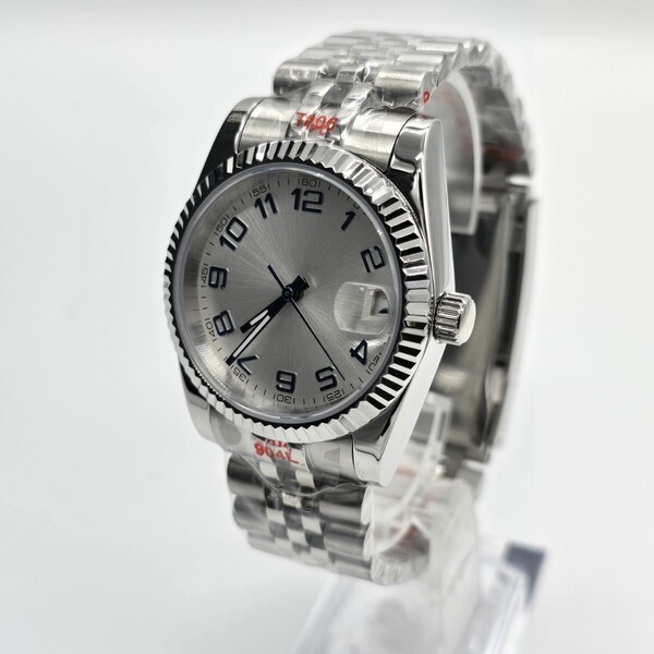 新品 自動巻 ノーロゴ アラビアインデックス シルバー文字盤 36mm セイコー NH35 メンズ腕時計 機械式 サファイア風防 シースルーバック