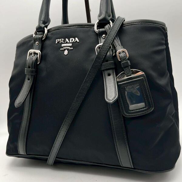 極美品 プラダ ハンドバッグ 2way メタルロゴ ナイロン トートバッグ ショルダー PRADA レザー ブラック 黒 白タグ