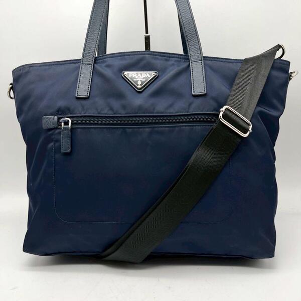 プラダ 2way トートバッグ ナイロン サフィアーノレザー A4可 ネイビー 紺 PRADA ハンド ショルダー ビジネス