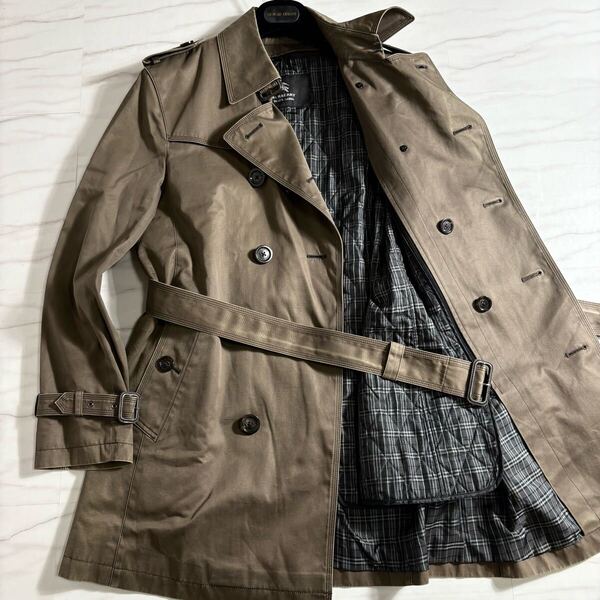 美品/L◎バーバリーブラックレーベル トレンチコート ノバチェック キルティングライナー ベルト カーキ BURBERRY BLACKLABEL メンズ