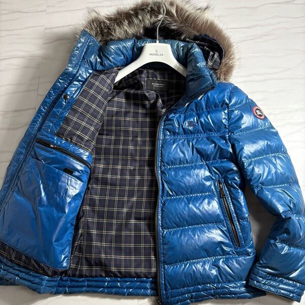 希少L◎バーバリーブラックレーベル ダウンジャケット リアルファー ノバチェック ホースロゴ ワッペン ブルー 青 BURBERRY BLACKLABEL