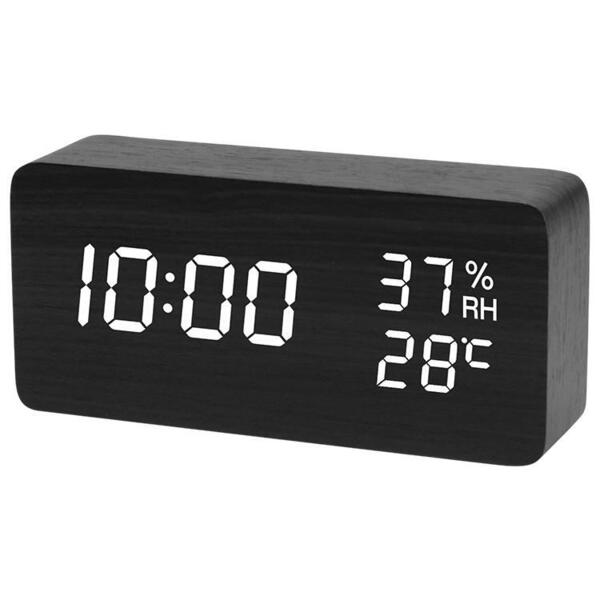 新品 送料無料 即決 置き時計 USB充電式 デジタル 目覚まし時計 LED表示 大音量 温度計 湿度計 カレンダー 木製 音感センサー