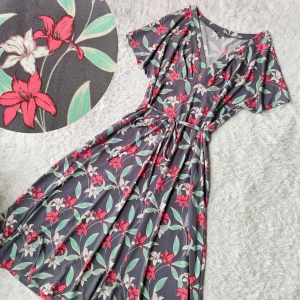 LAURA ASHLEY ローラアシュレイ フラワー ワンピース 9 M 灰 花柄 ボタニカル
