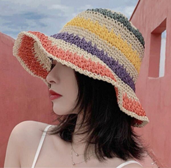 レインボー バケットハット 韓国風 カラフル帽子 春夏 UV対策 麦わら つば広 旅行 海 プール フェス女子