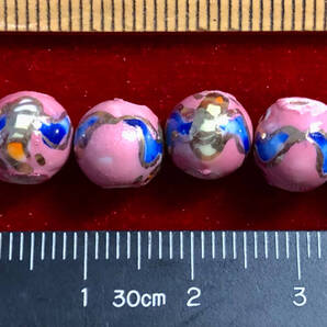 Φ 金粉彩ビーズ Φ 20玉で1単位 Φ8㎜小丸玉 手作 桃色釉に小花金粉縁取り紋様 手芸アクセサリ インテリア、鑑賞魚水槽、園芸等材料に