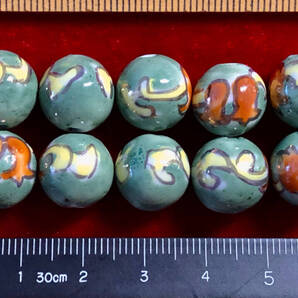 Φ 金粉彩ビーズ Φ 10玉で1単位 Φ12㎜丸玉 手作り 黄緑釉に赤小花金粉縁取り 手芸アクセサリ インテリア、鑑賞魚水槽、園芸等材料に