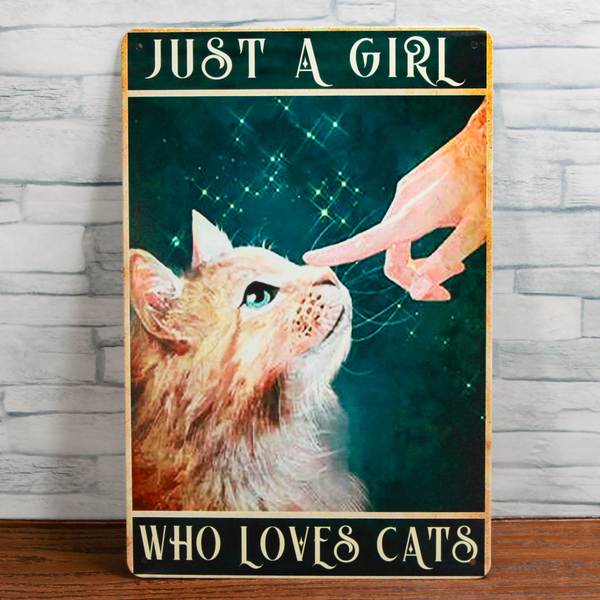見つめる猫のブリキ看板 20㎝×30㎝ アンティーク風 WHO LOVES CATS インテリア等飾り ブリキ看板 新品