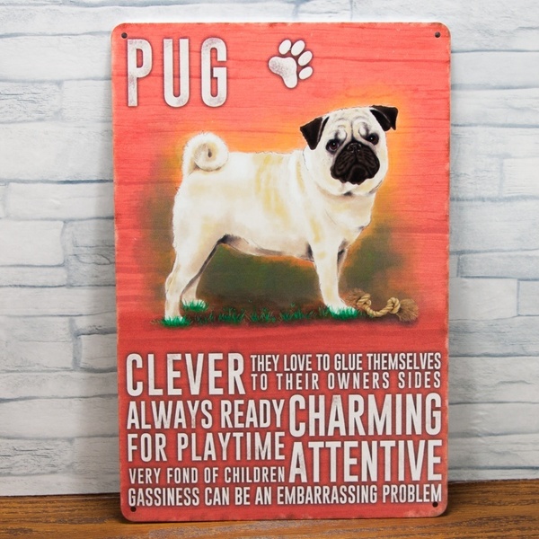 犬(PUG)のブリキ看板 20㎝×30㎝ アンティーク風 インテリア等飾り パグ ブリキ看板 新品