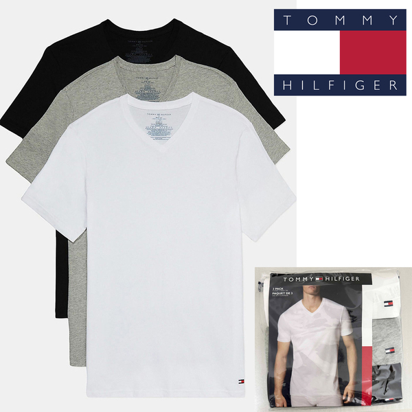新品 3枚セット M ★ Tommy Hilfiger トミーヒルフィガー メンズ Vネック 半袖 Tシャツ US-S ロゴ刺繍 ホワイト グレーブラック コットン