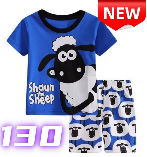 【新品】シャーン・ザ・シープ 子供用パジャマ 上下セット 半袖Tシャツ ショートパンツ 夏用 キッズ 男の子 女の子 130 青 ブルー 綿100%