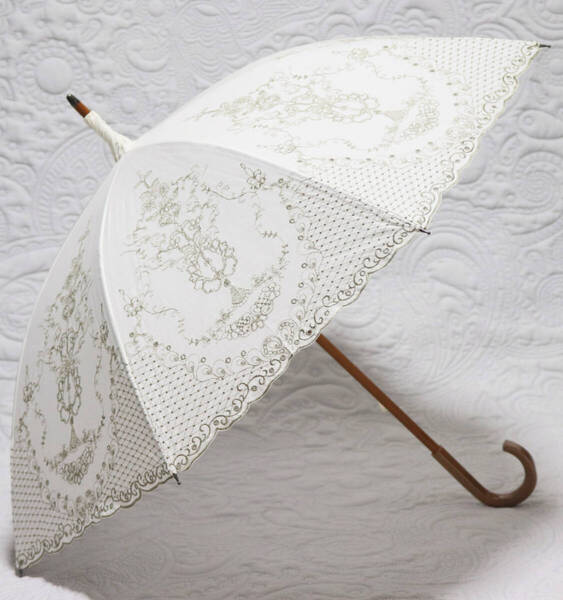 新品【晴雨兼用 長傘】繊細 高級感 豪華刺繍 木製 雨傘 日傘 白 v7277