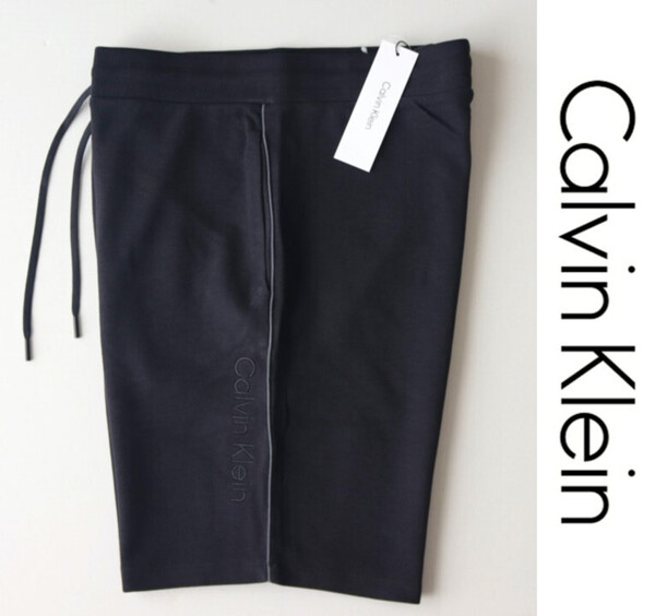 新品タグ付き【Calvin Klein カルバンクライン】ロゴ刺繍 スウェット ハーフパンツ 黒 M(大きめ) v6878m