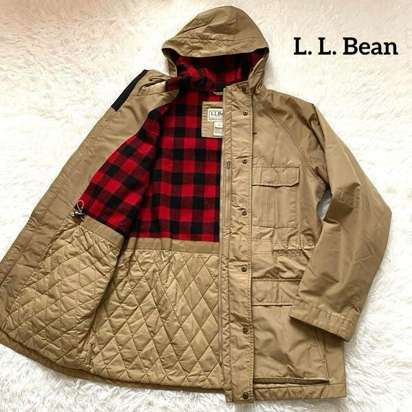 E03 L.L.Bean エルエルビーン マウンテンパーカー ベージュ L表記 レディースXL相当 裏地チェック柄