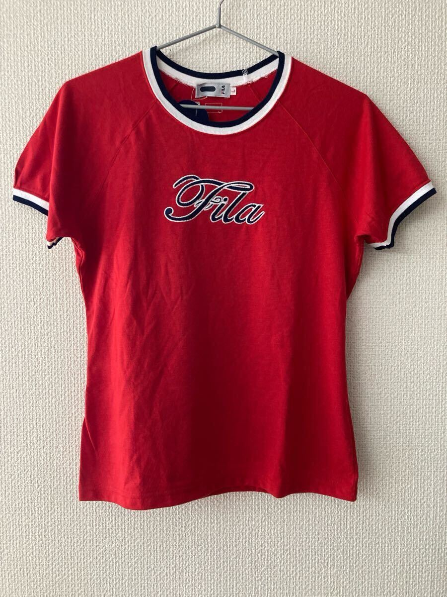 未使用タグ付き FILAフィラ 半袖Tシャツ 刺ロゴ 丸首 レッド赤 レディース