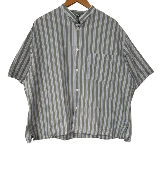relume バンドカラーシャツ Mサイズ 緑系ストライプ 綿×ナイロン FATライン Band Collar Shirt M Green Stripe Cotton Nylon 半袖シャツ