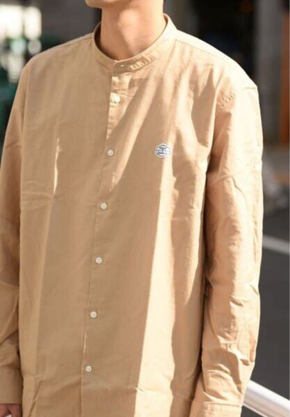 SHIPS バンドカラーシャツ ロゴ刺繍 オックスフォード ベージュ L 長袖 綿100% Band Collar Shirt Logo Embroidery Oxford Beige L Cotton