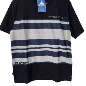 新品タグ付 PLAYBOY ドライ機能 ストライプ切替Tシャツ LL 黒×グレー NEW w/Tag PLAYBOY Dry Stripe Switch T-shirt Black Gray LL