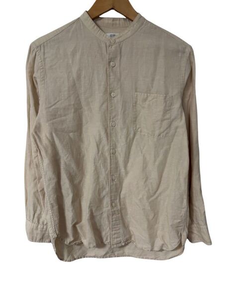 ユニクロ リネンバンドカラーシャツ 長袖 S ベージュ 麻混 カンボジア製UNIQLO Band Collar Shirt Beige Long Sleeve S Linen Blend