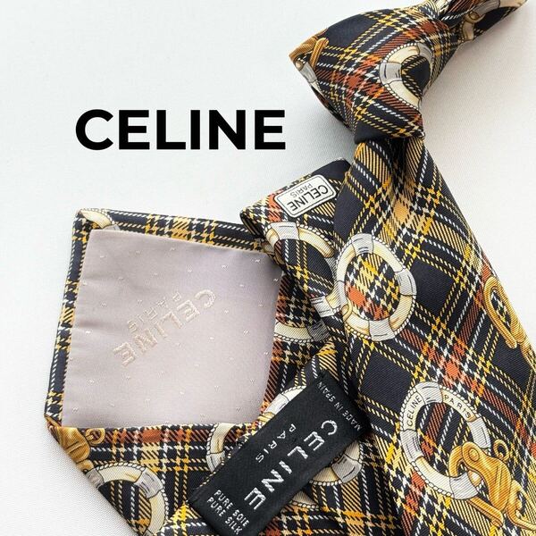 CELINE セリーヌ Vintage ヴィンテージ 美品 チェック柄 スカーフ柄 ロゴ 総柄 シルク ネクタイ スペイン製 メンズ ブランドネクタイ