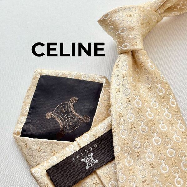 CELINE セリーヌ トリオンフ マカダム 馬具 ロゴ 総柄 シルクネクタイ ゴールド メンズ ブランドネクタイ ハイブランド 結婚式 パーティー