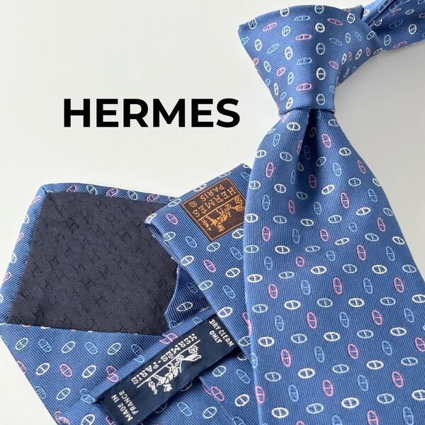 HERMES エルメス マイヨン シェーヌダンクル ロゴ 裏地 H柄 ジャガード織り シルク ネクタイ ブルー メンズ ハイブランド ブランドネクタイ
